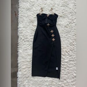 Strapless Black Midi Dress with Embellished Buttons